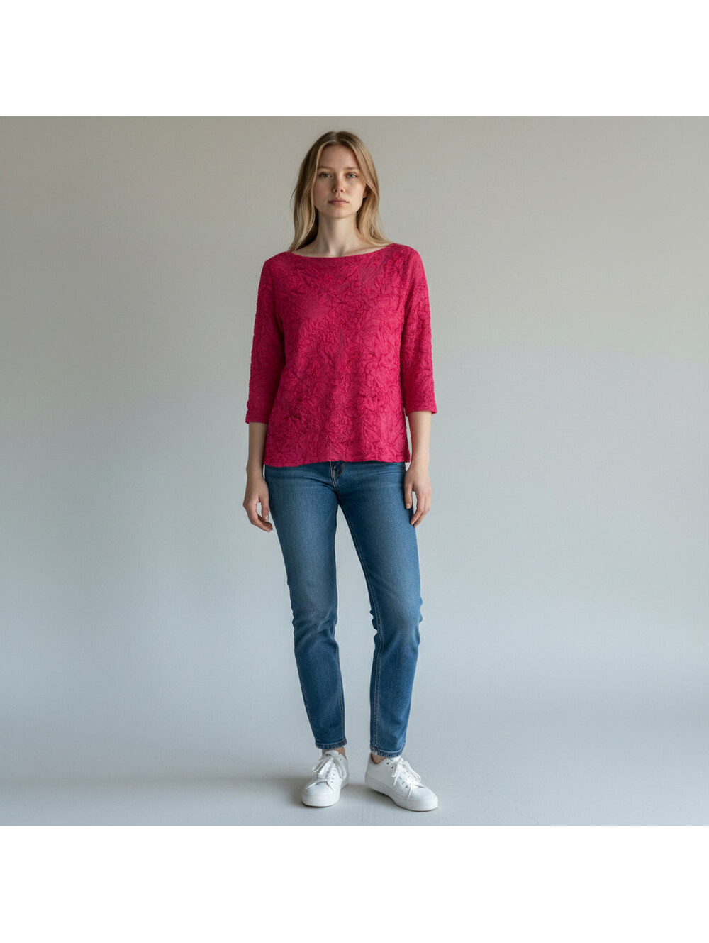 New Tribal Blouse Women M Medium Pink 3/4 Sleeve Lined Gathered Casual Solid
